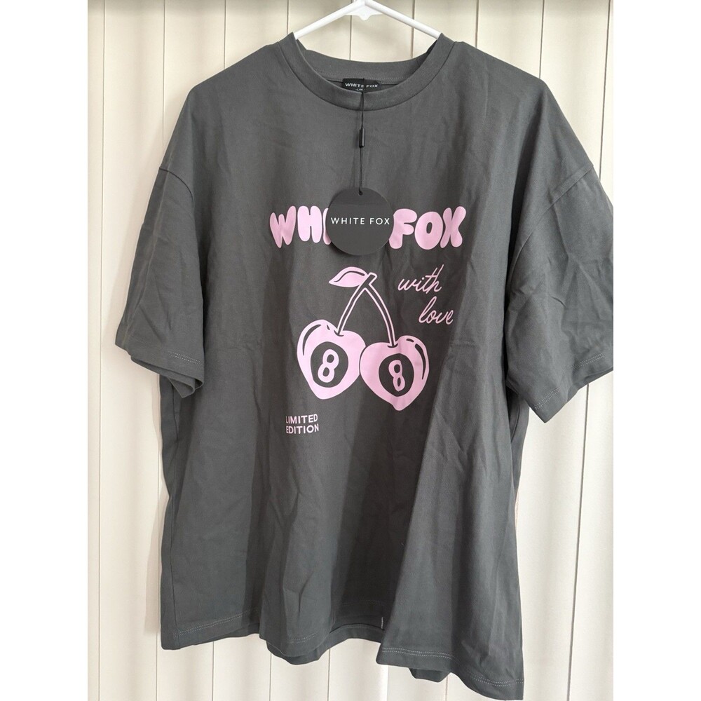 NWT White Fox With Love 88 Oversized T-Shirt Unisex Cherries Gray & Pink Sz L/XL